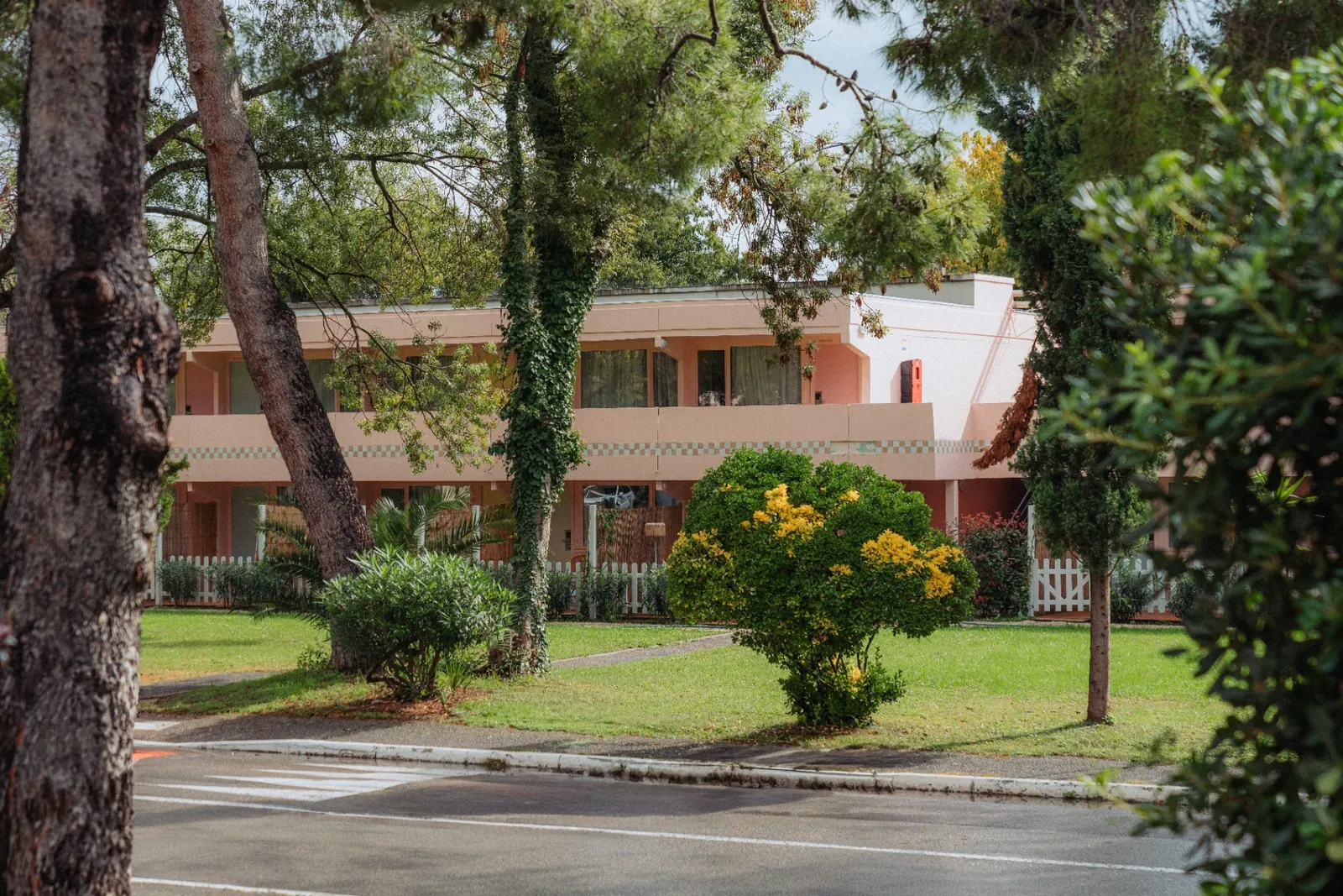 Bâtiment rose de The Cannes Motel entre les pins et les palmiers